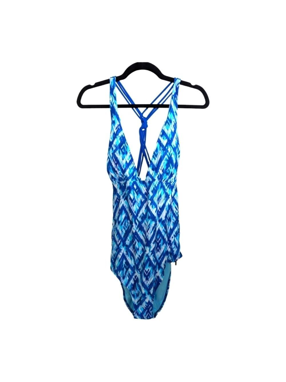 QuintSoul Blue Geo Print, Twisted Back, Low Cut One Piece Swimsuit Size 16 NWOT